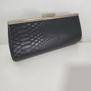 Sneak Skin Black Clutch Bag With Silver Chain
